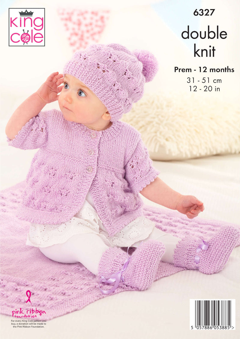 King Cole 6327 Double Knitting Pattern - Baby Matinee Coat, Cardigan, Hats, Bootees & Blanket (Prem - 12mnths)