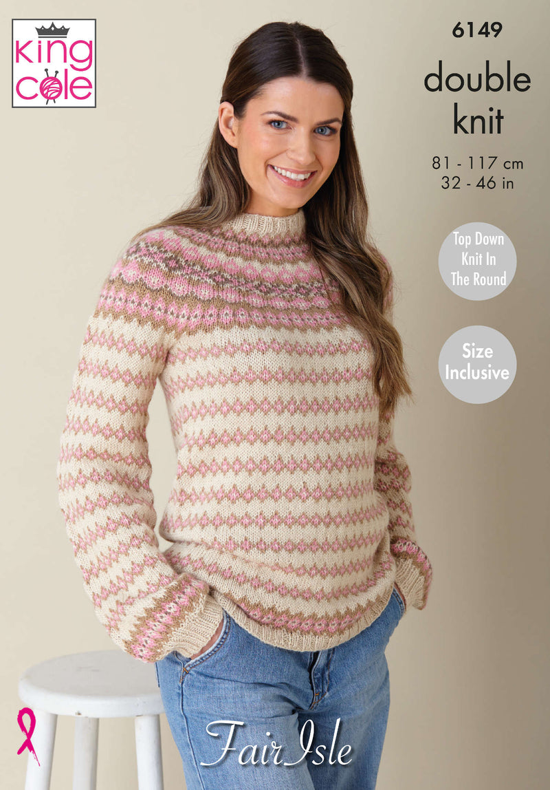 King Cole 6149 DK Knitting Pattern - Ladies Fair Isle Sweater, Hat, Cowl & Handwarmers (32-46in)