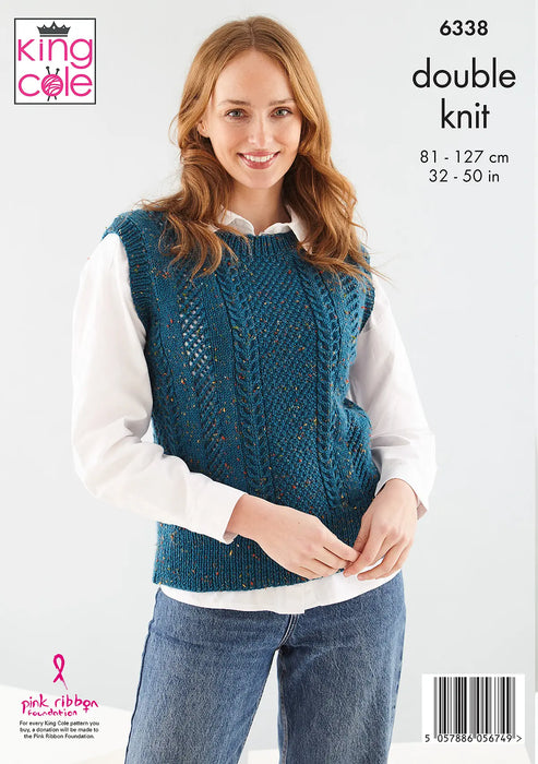 King Cole 6338 Double Knitting Pattern - Ladies DK Cardigan & Slipover (32-50in)