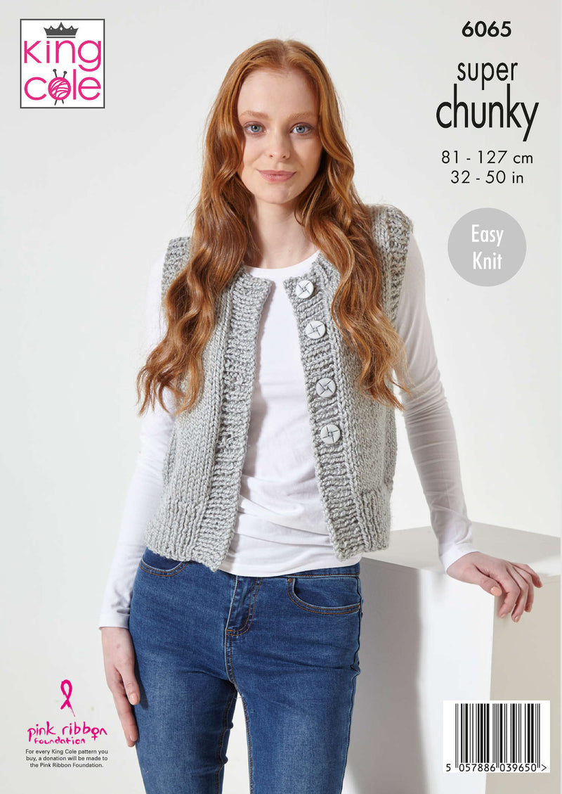 King Cole 6065 Knitting Pattern for Easy Knit Super Chunky Ladies Cardigan & Waistcoat (32-50in)