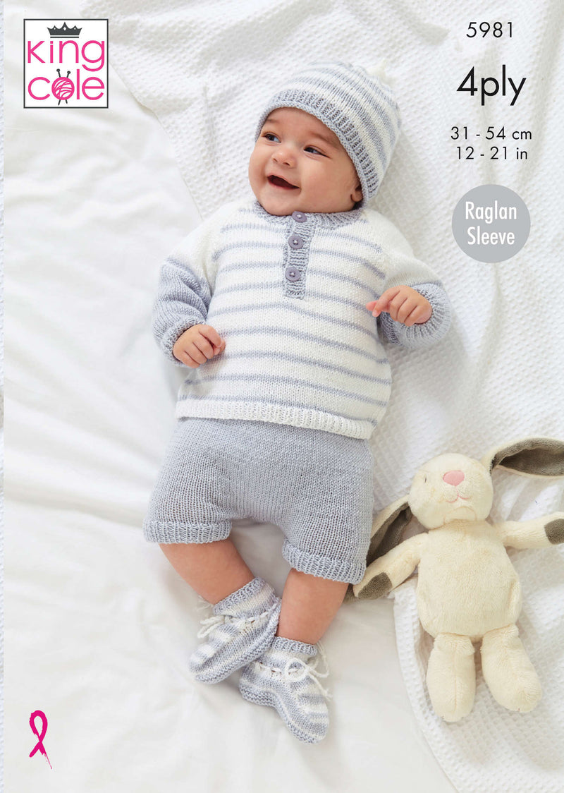 King Cole 5981 Baby Knitting Pattern - 4Ply Sweaters, Pants, Hat & Bootees (Prem - 24mnths)