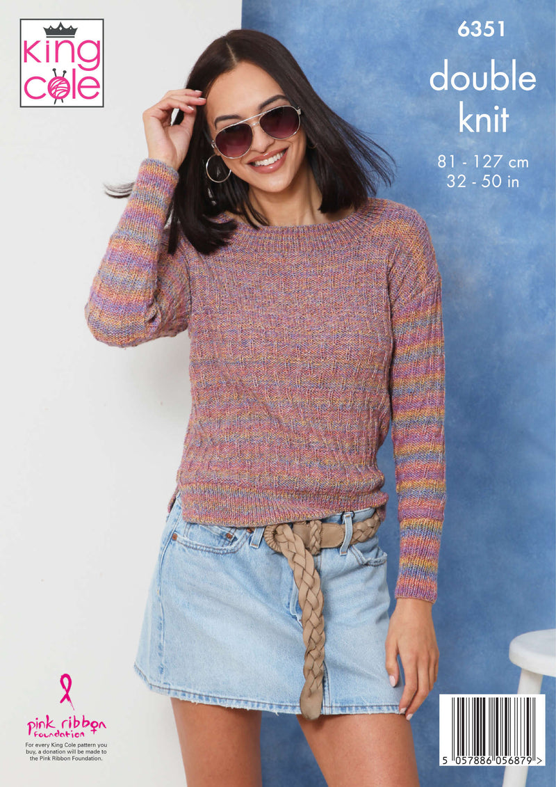King Cole 6351 Double Knitting Pattern - Ladies DK Sweater & Top (32-50in)