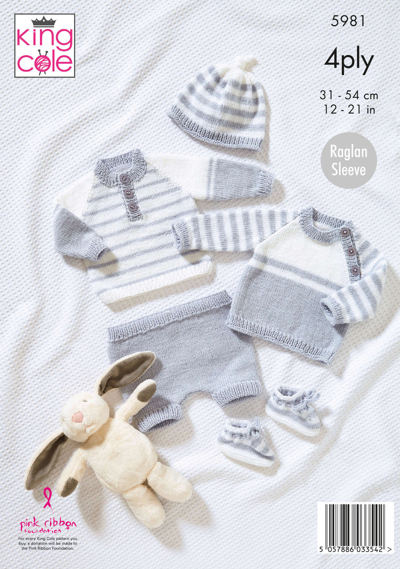 King Cole 5981 Baby Knitting Pattern - 4Ply Sweaters, Pants, Hat & Bootees (Prem - 24mnths)