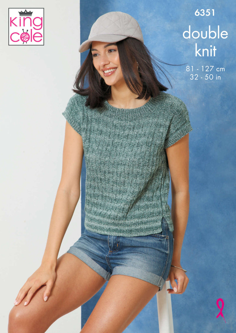 King Cole 6351 Double Knitting Pattern - Ladies DK Sweater & Top (32-50in)