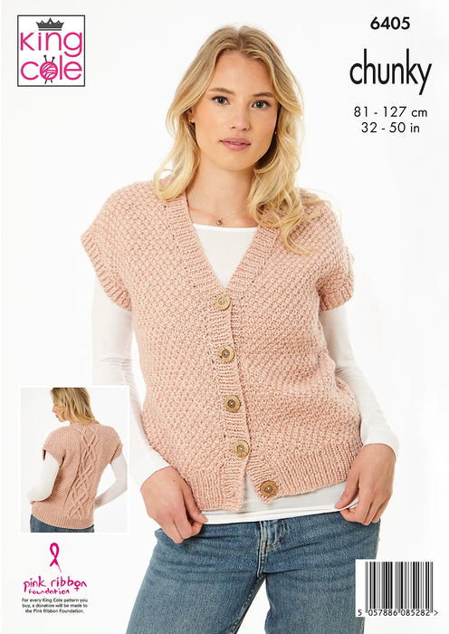 King Cole 6405 Chunky Knitting Pattern - Ladies Sweater & Waistcoat (32-50in)