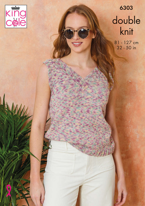 King Cole 6303 Double Knitting Pattern - Cotton DK Tops (32-50in)