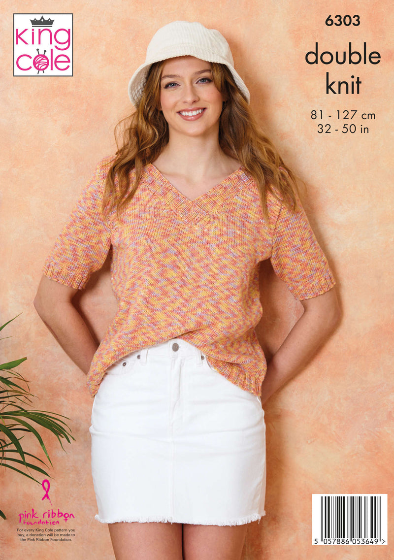 King Cole 6303 Double Knitting Pattern - Ladies Cotton DK Tops (32-50in)