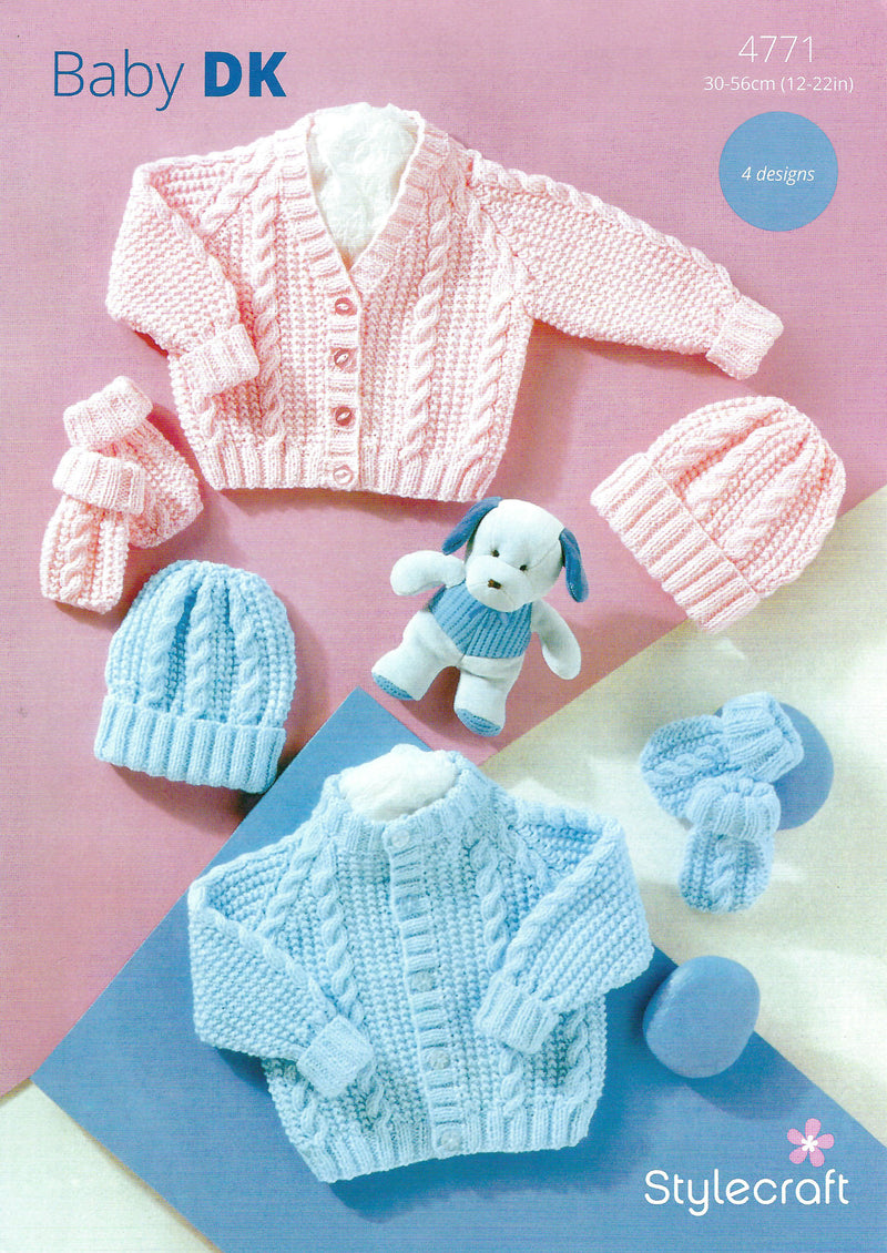 Stylecraft 4771 Premature Baby Cardigans, Hat & Mittens Knitting Pattern – DK (12–22in)