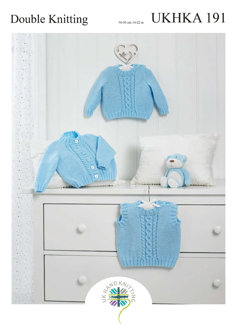 UKHKA 191 Double Knitting Pattern - DK Baby Cardigan, Sweater & Slipover (14-22in)