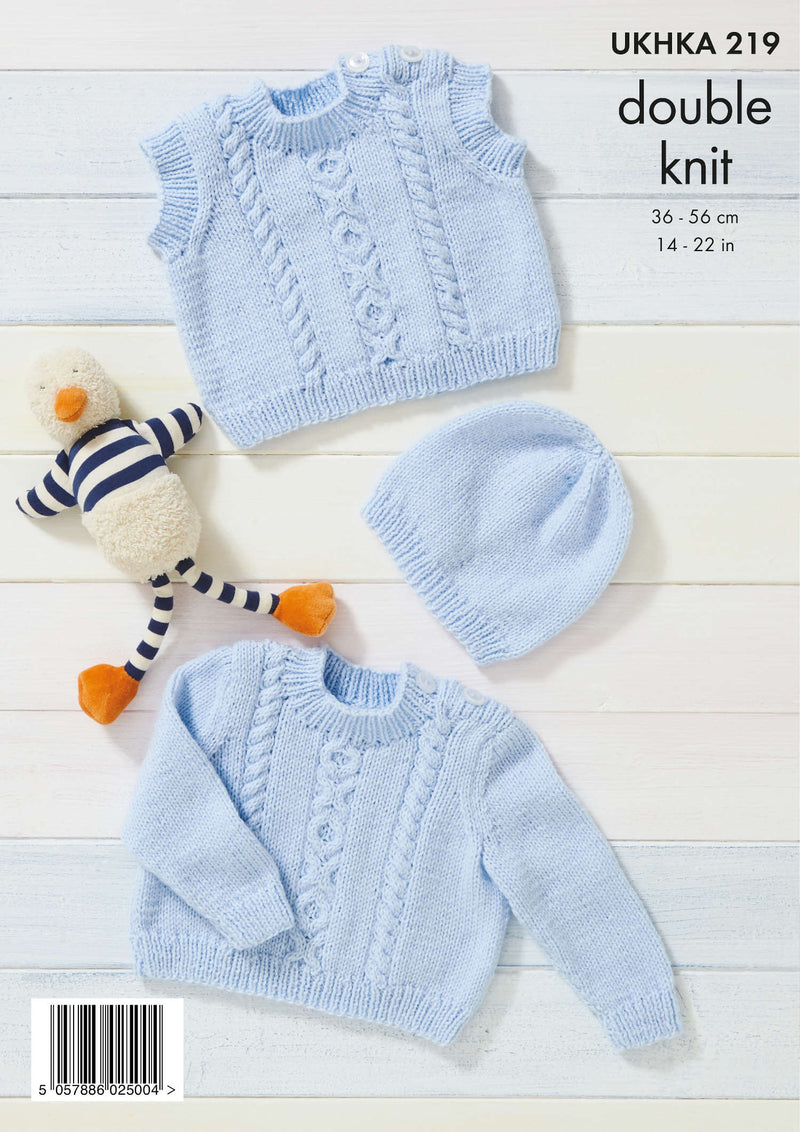 UKHKA 219 Double Knitting Pattern - DK Baby Sweater, Slipover and Hat (14-22in)