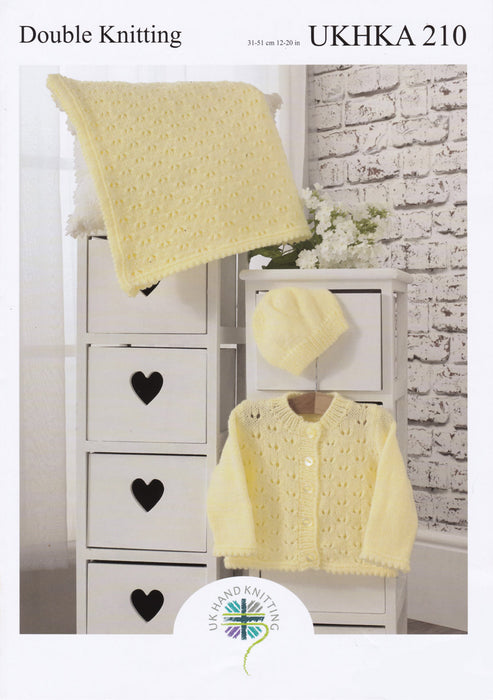 UKHKA 210 Double Knitting Pattern - DK Baby Cardigan, Hat & Blanket (12-20in)