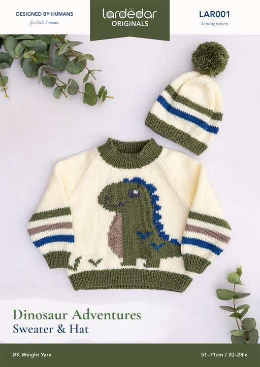 Lardedar Originals LAR001 Dinosaur Adventures DK knitting pattern leaflet featuring a children's dinosaur sweater and matching striped hat.