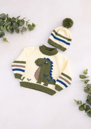 Lardedar Originals Dinosaur Adventures children's DK knitting design showing a cream dinosaur sweater with colourful striped sleeves and matching knitted hat.