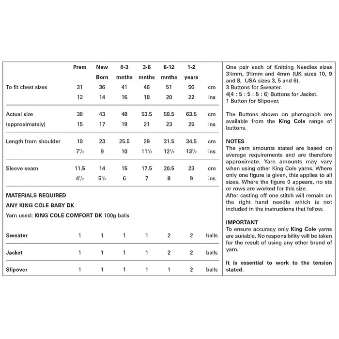 King Cole 3014 Double Knitting Pattern - DK Baby Sweater, Jacket and Slipover (Prem - 2 years)