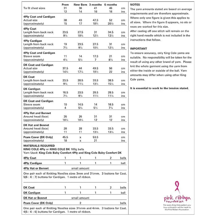 King Cole 3115 Double Knitting or 4Ply Pattern - Baby Coat, Cardigan, Bonnet, Hat and Pram Cover (Prem to 6 months)