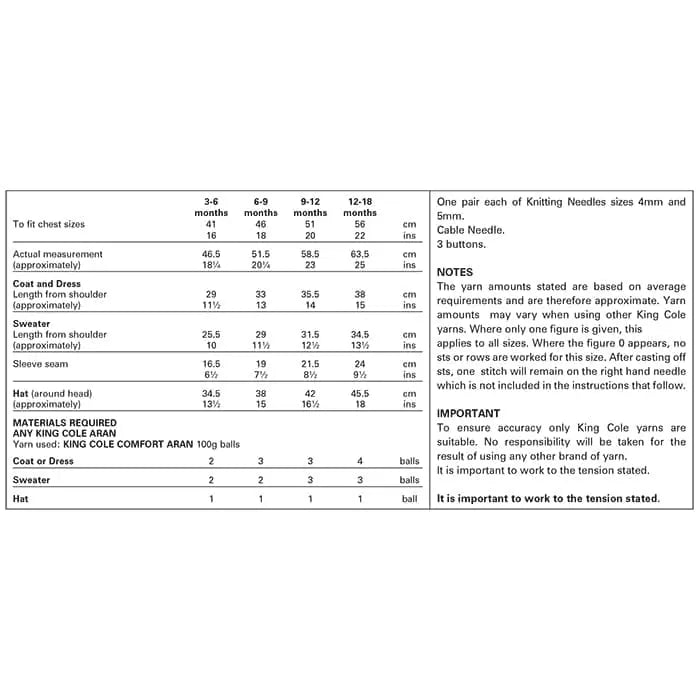 King Cole 3136 Aran Baby Knitting Pattern - Coat, Dress, Sweater & Hat (3-18mnths)