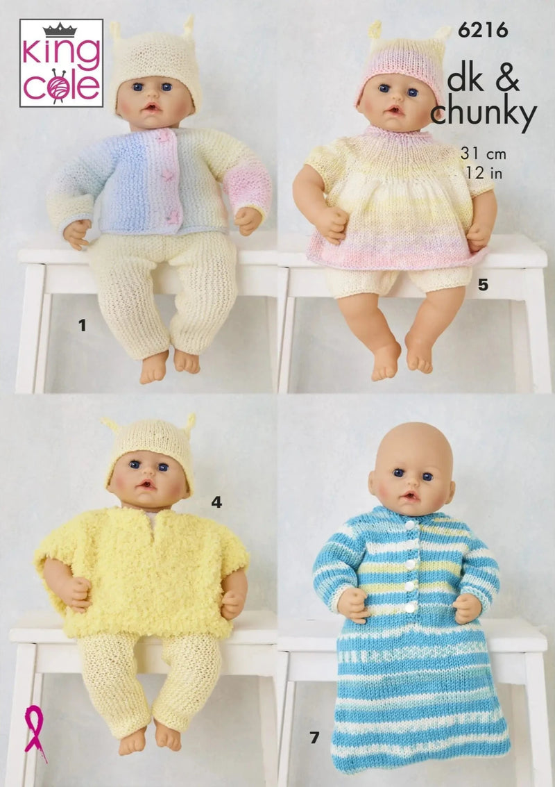 King Cole 6216 Doll Knitting Pattern - 12 in Dolls Clothes (DK & Chunky)