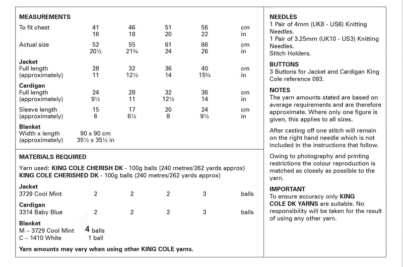 King Cole 6288 Double Knitting Pattern - Baby Jacket, Cardigan & Blanket (16-22in)