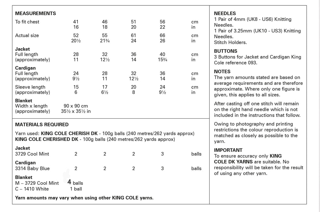 King Cole 6288 Double Knitting Pattern - Baby Jacket, Cardigan & Blanket (16-22in)