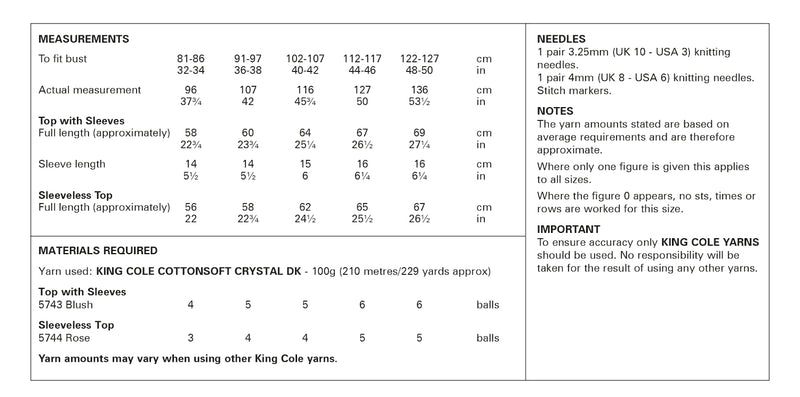 King Cole 6303 Double Knitting Pattern - Ladies Cotton DK Tops (32-50in)