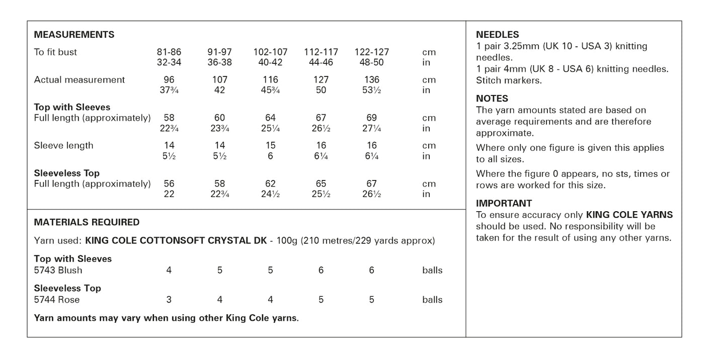 King Cole 6303 Double Knitting Pattern - Cotton DK Tops (32-50in)