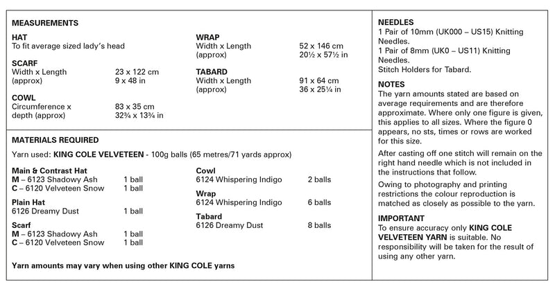 King Cole 6324 Knitting Pattern for Ladies Accessories Knitted in Velveteen