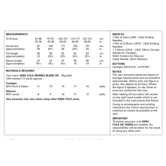 King Cole 6338 Double Knitting Pattern - Ladies DK Cardigan & Slipover (32-50in)