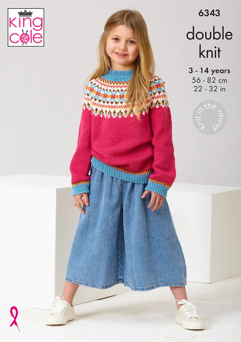 King Cole 6343 Double Knitting Pattern - DK Fairisle Sweaters for Children (3-14 yrs)