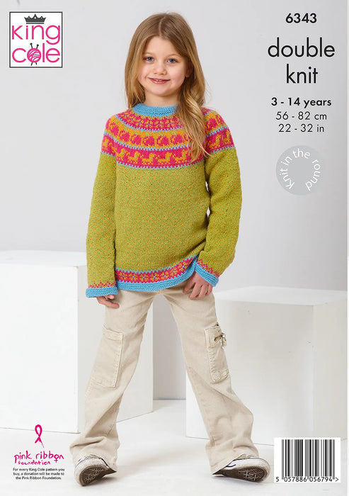 King Cole 6343 Double Knitting Pattern - DK Fairisle Sweaters for Children (3-14 yrs)