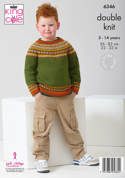 King Cole 6346 Double Knitting Pattern - DK Fairisle Sweaters for Children (3-14 yrs)