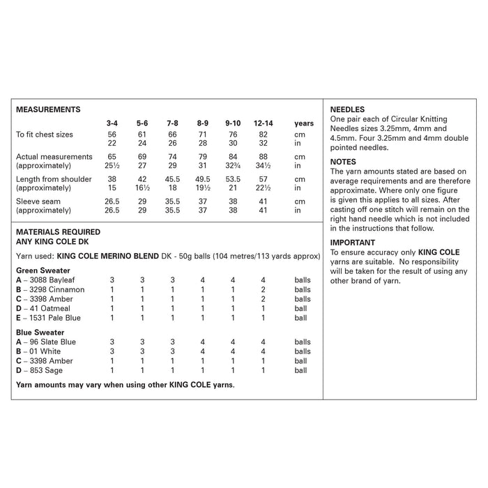 King Cole 6346 Double Knitting Pattern - DK Fairisle Sweaters for Children (3-14 yrs)