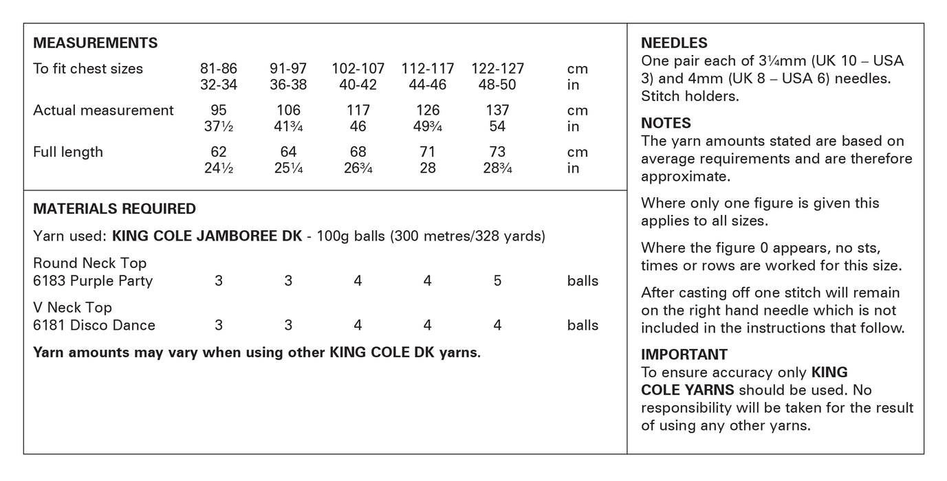 King Cole 6350 Double Knitting Pattern - Ladies DK Round and V Neck Tops (32-50in)