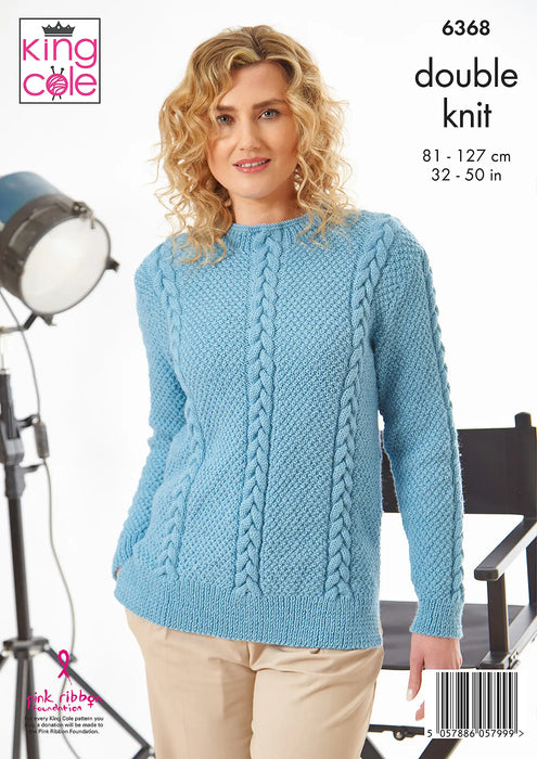 King Cole 6368 Double Knitting Pattern - Ladies DK Sweaters (32-50in)