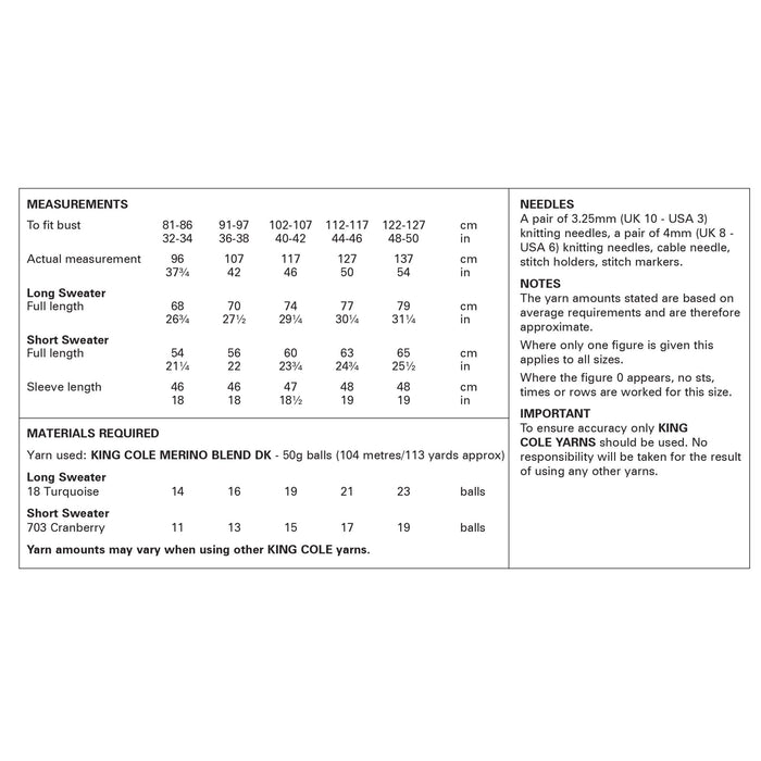King Cole 6368 Double Knitting Pattern - Ladies DK Sweaters (32-50in)