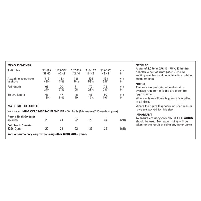 King Cole 6371 Double Knitting Pattern - Mens DK Sweaters (38-48in)