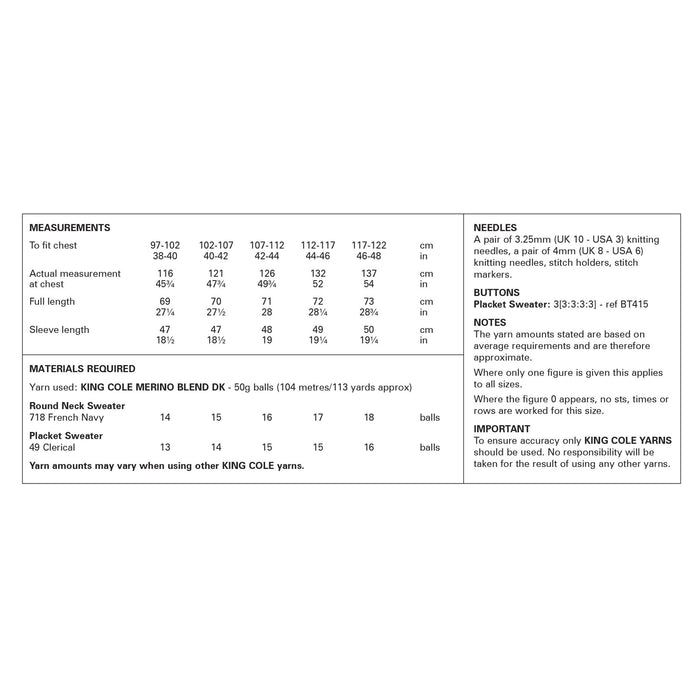King Cole 6373 Double Knitting Pattern - Mens DK Sweaters (38-48in)