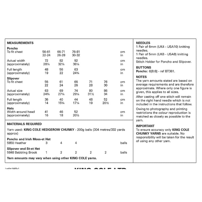 King Cole 6400 Chunky Knitting Pattern - Girls Poncho, Slipover & Hats