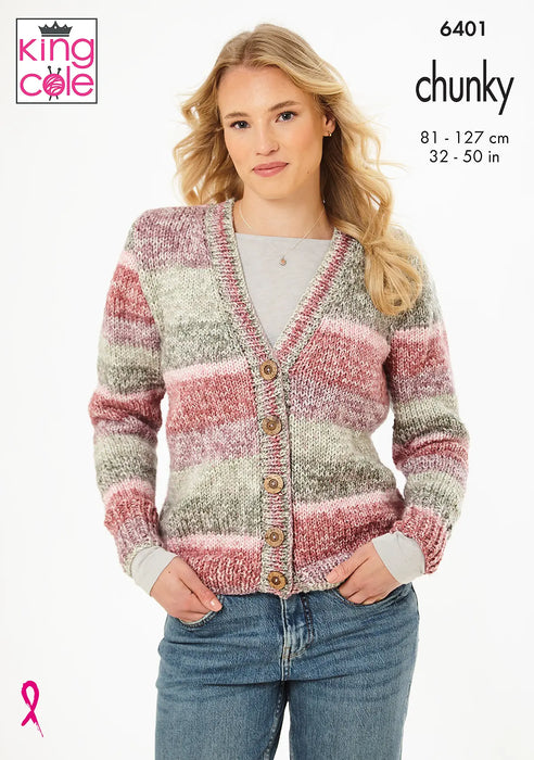 King Cole 6401 Chunky Knitting Pattern - Ladies Cardigan & Slipover (32-50in)