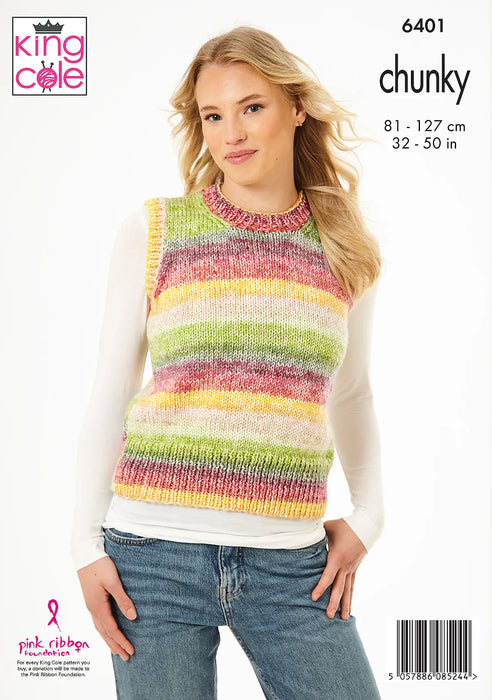 King Cole 6401 Chunky Knitting Pattern - Ladies Cardigan & Slipover (32-50in)