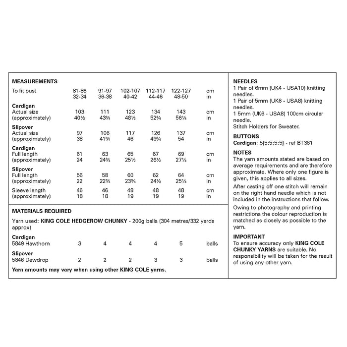 King Cole 6401 Chunky Knitting Pattern - Ladies Cardigan & Slipover (32-50in)