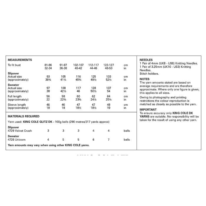 King Cole 6402 Double Knitting Pattern for Ladies Sweater & Slipover (32-50in)