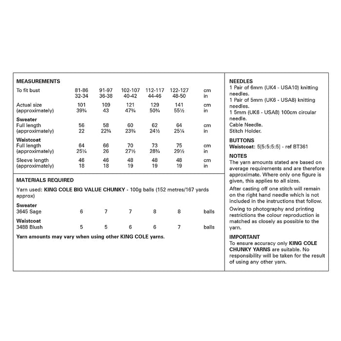 King Cole 6405 Chunky Knitting Pattern - Ladies Sweater & Waistcoat (32-50in)