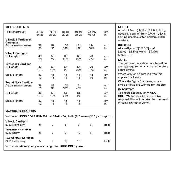 King Cole 6417 Aran Knitting Pattern - Adult & Children's Cardigans