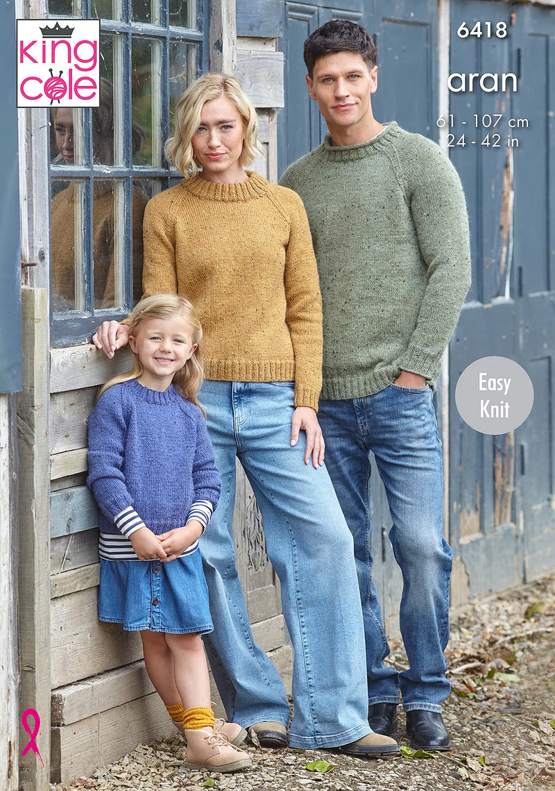 King Cole 6418 Aran Knitting Pattern - Easy Knit Adult & Children's Sweaters