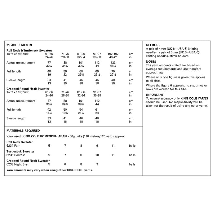 King Cole 6418 Aran Knitting Pattern - Easy Knit Adult & Children's Sweaters