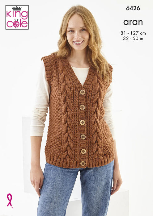 King Cole 6426 Aran Knitting Pattern - Ladies Cardigan & Waistcoat