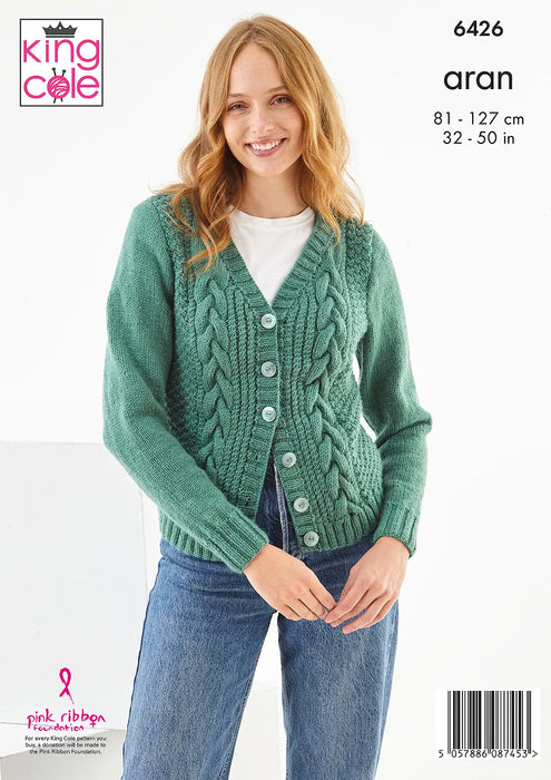 King Cole 6426 Aran Knitting Pattern - Ladies Cardigan & Waistcoat