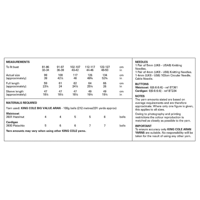 King Cole 6426 Aran Knitting Pattern - Ladies Cardigan & Waistcoat