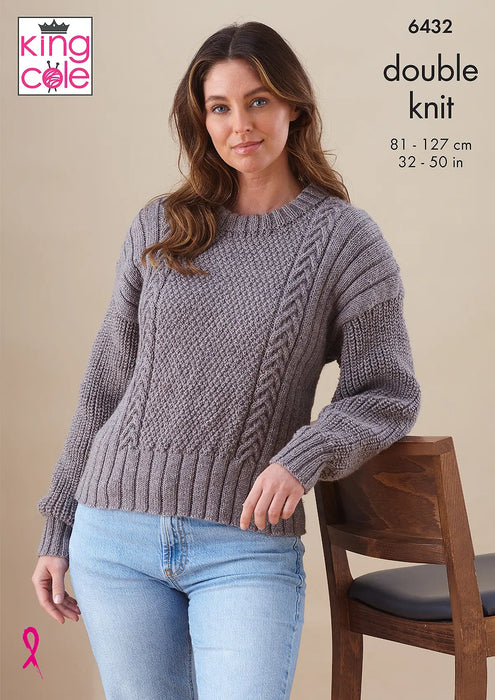 King Cole 6432 Double Knitting Pattern for Ladies Sweater & Cardigan (32-50in)