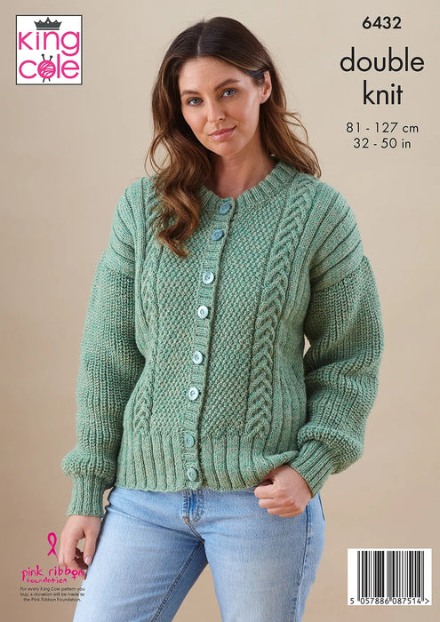 King Cole 6432 Double Knitting Pattern for Ladies Sweater & Cardigan (32-50in)